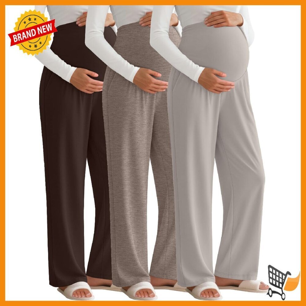 3 Pack Maternity Pants Over Belly Stretchy Wide Leg Lounge Pajama with Pockets